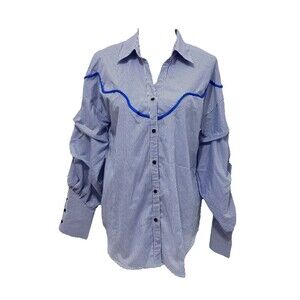 Impulsive Woman’s Blouse Blue and White Striped Shirt Flare Sleeve Size Medium